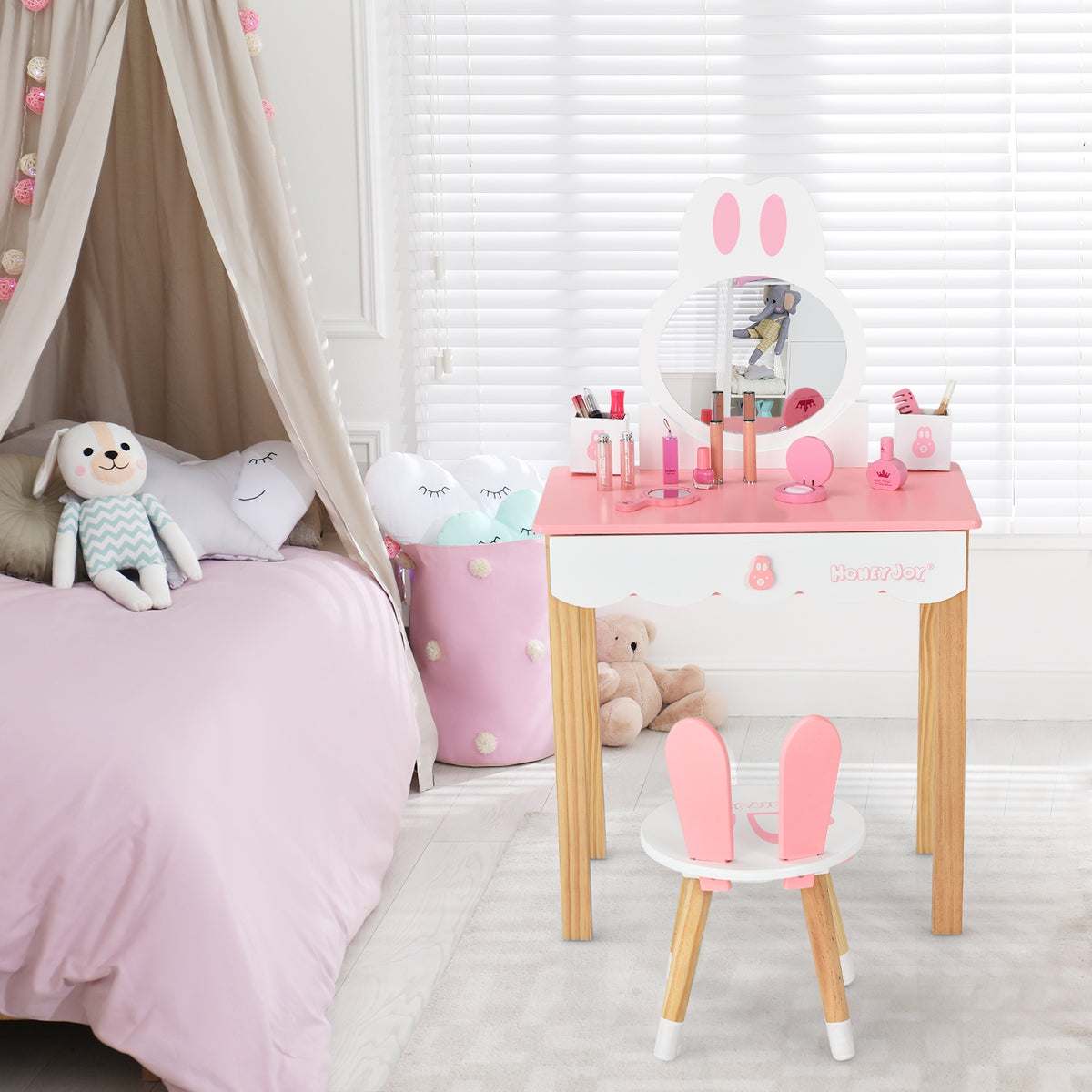 Kids Vanity Set Rabbit Makeup Dressing Table Chair Set with Mirror and Drawer-Pink-Kids Vanities-DECOROLALA