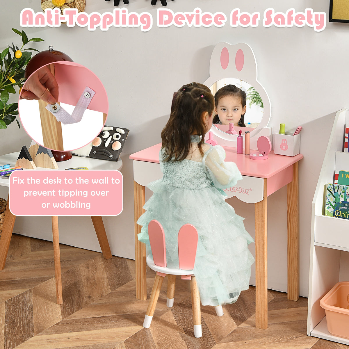 Kids Vanity Set Rabbit Makeup Dressing Table Chair Set with Mirror and Drawer-Pink-Kids Vanities-DECOROLALA
