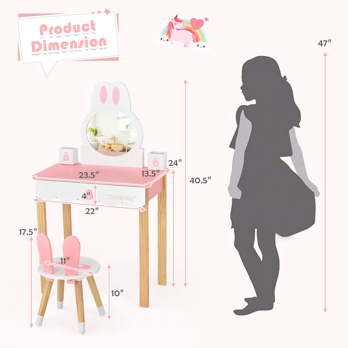 Kids Vanity Set Rabbit Makeup Dressing Table Chair Set with Mirror and Drawer-Pink-Kids Vanities-DECOROLALA