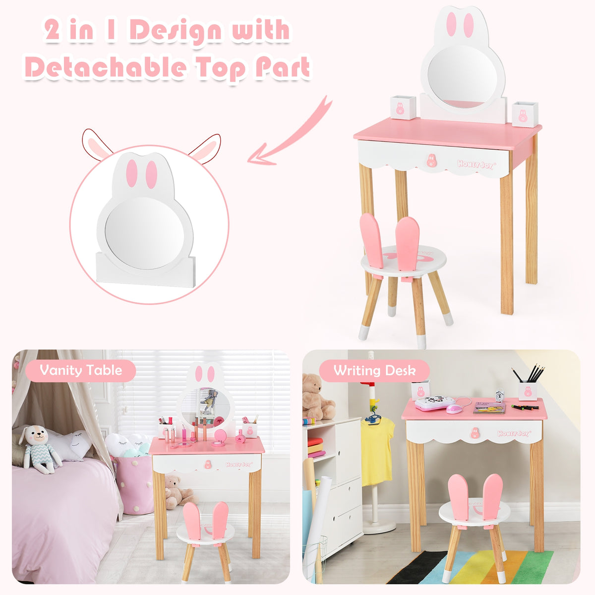 Kids Vanity Set Rabbit Makeup Dressing Table Chair Set with Mirror and Drawer-Pink-Kids Vanities-DECOROLALA