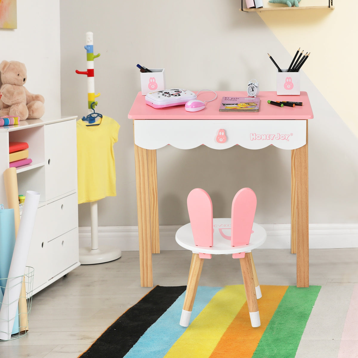 Kids Vanity Set Rabbit Makeup Dressing Table Chair Set with Mirror and Drawer-Pink-Kids Vanities-DECOROLALA