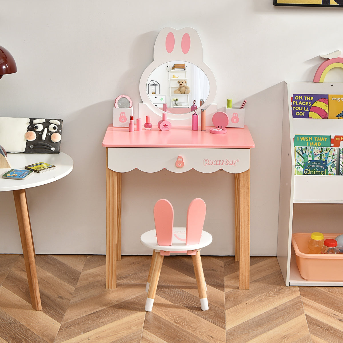 Kids Vanity Set Rabbit Makeup Dressing Table Chair Set with Mirror and Drawer-Pink-Kids Vanities-DECOROLALA