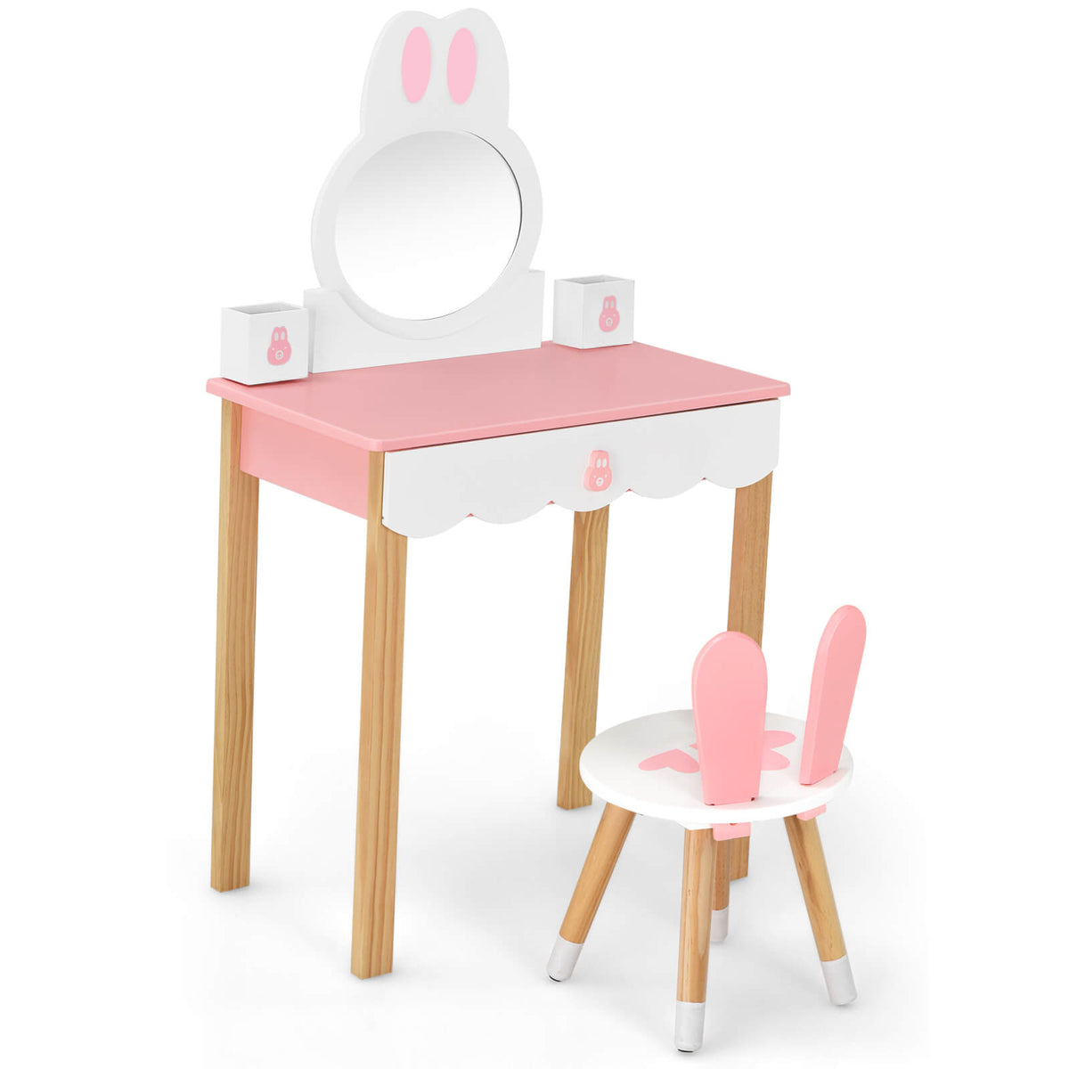 Kids Vanity Set Rabbit Makeup Dressing Table Chair Set with Mirror and Drawer-Pink-Kids Vanities-DECOROLALA