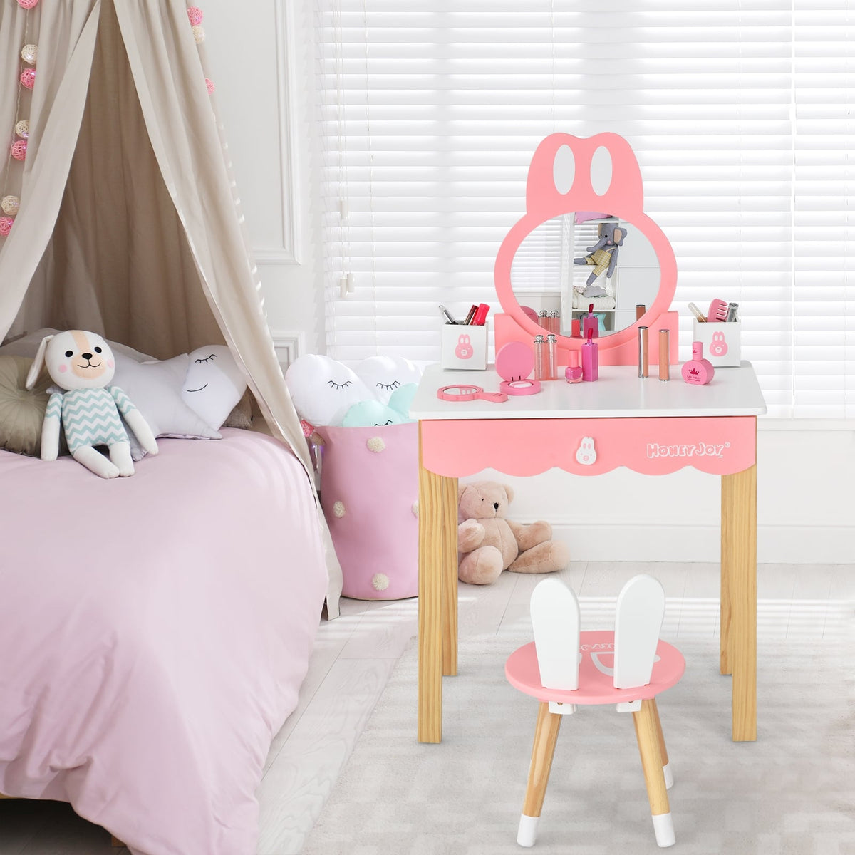 Kids Vanity Set Rabbit Makeup Dressing Table Chair Set with Mirror and Drawer-White-Kids Vanities-DECOROLALA