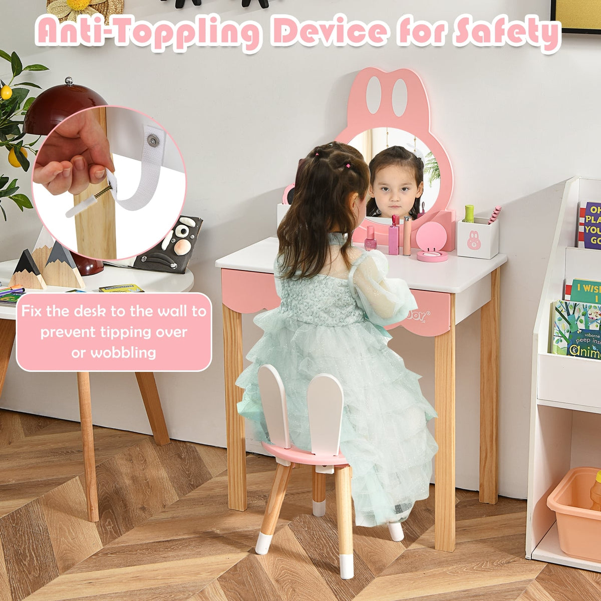 Kids Vanity Set Rabbit Makeup Dressing Table Chair Set with Mirror and Drawer-White-Kids Vanities-DECOROLALA