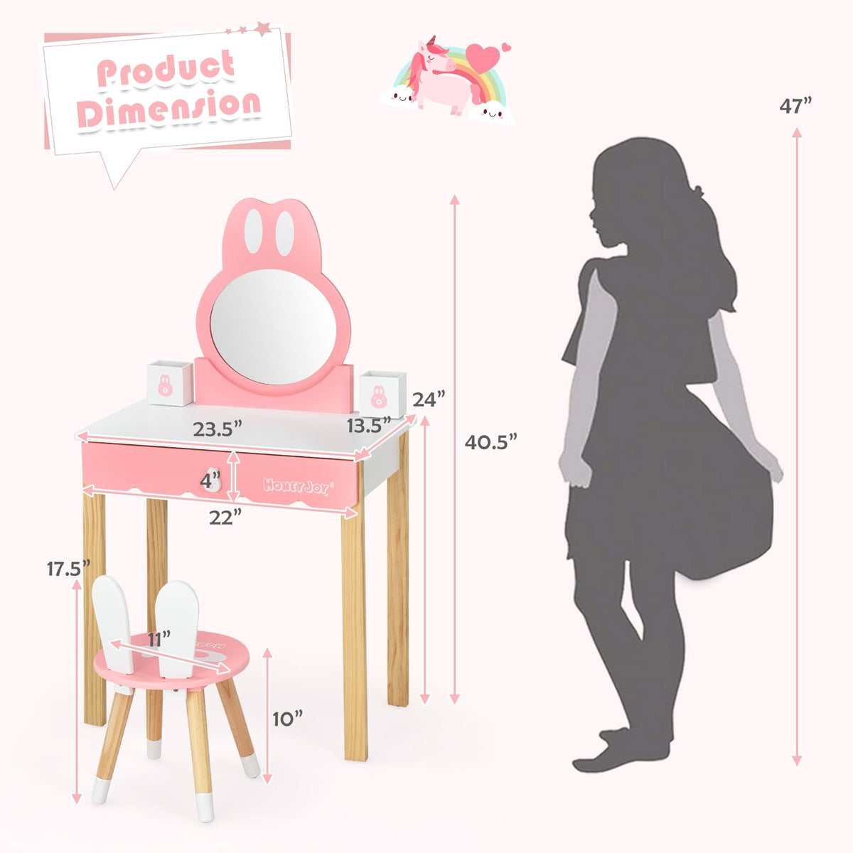 Kids Vanity Set Rabbit Makeup Dressing Table Chair Set with Mirror and Drawer-White-Kids Vanities-DECOROLALA
