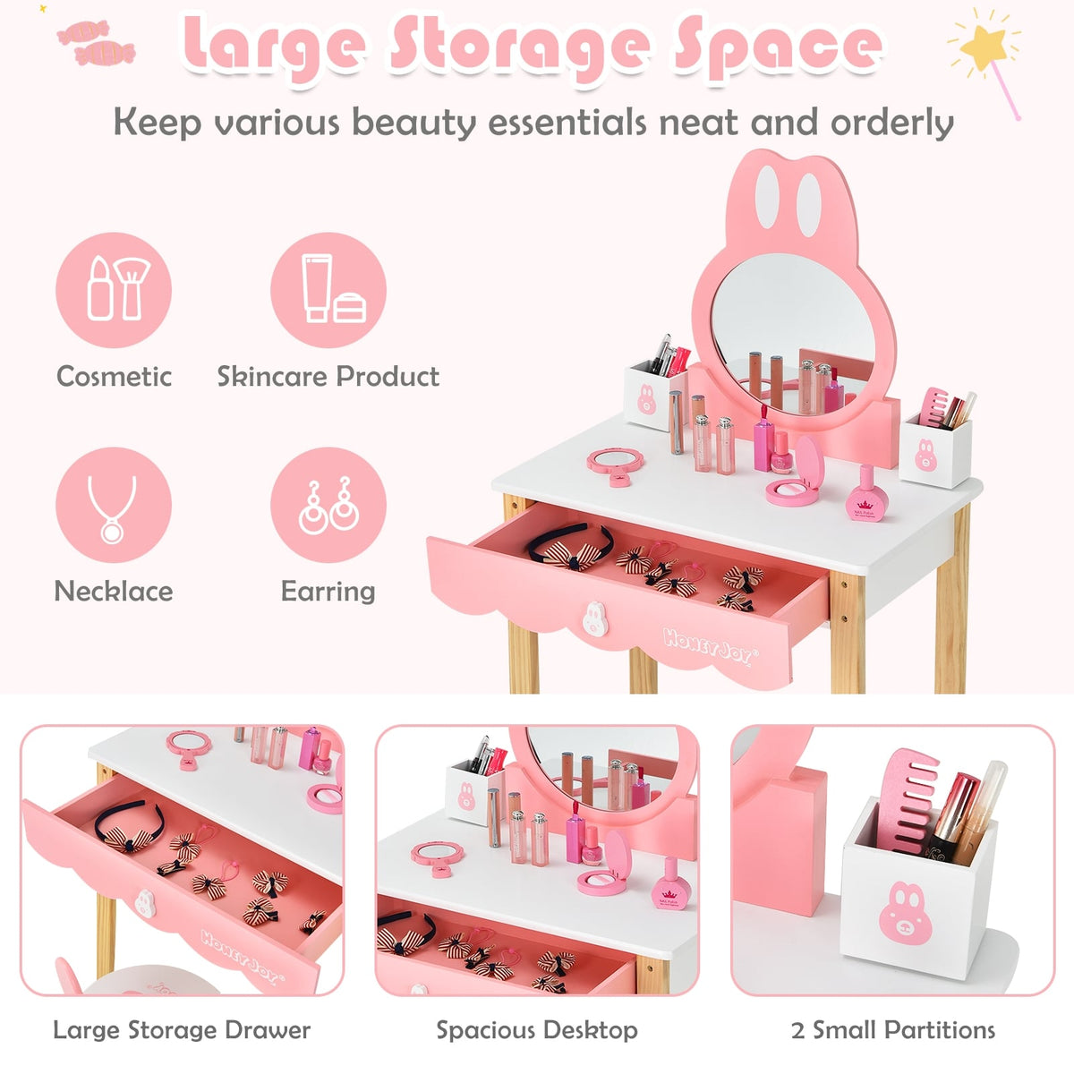 Kids Vanity Set Rabbit Makeup Dressing Table Chair Set with Mirror and Drawer-White-Kids Vanities-DECOROLALA
