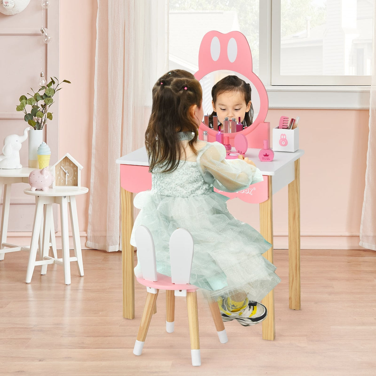 Kids Vanity Set Rabbit Makeup Dressing Table Chair Set with Mirror and Drawer-White-Kids Vanities-DECOROLALA