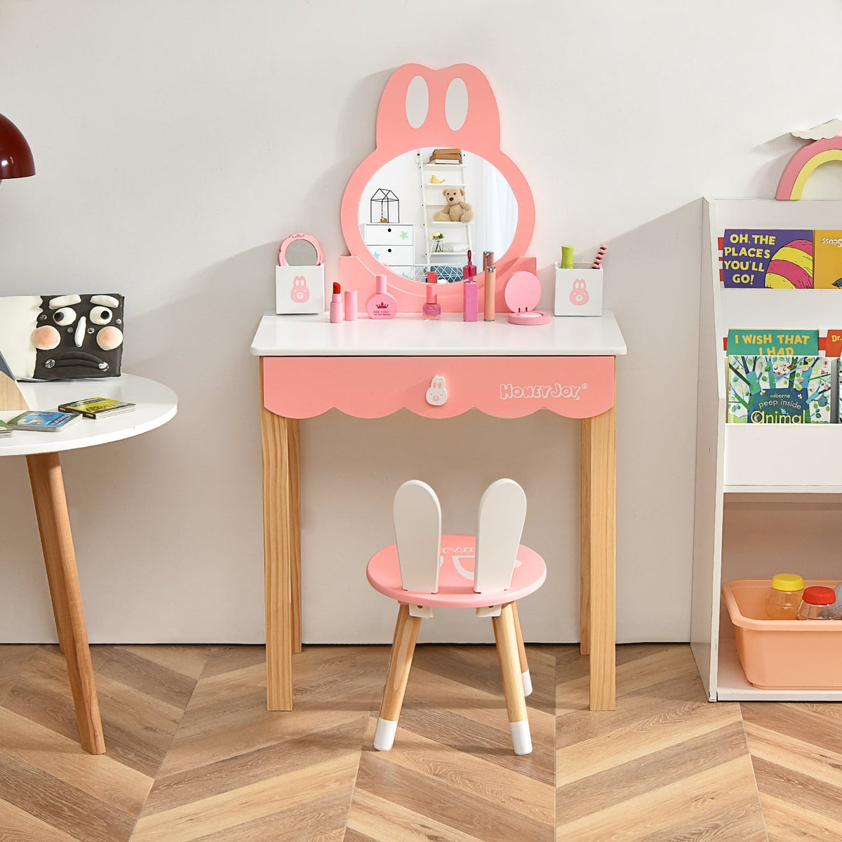 Kids Vanity Set Rabbit Makeup Dressing Table Chair Set with Mirror and Drawer-White-Kids Vanities-DECOROLALA