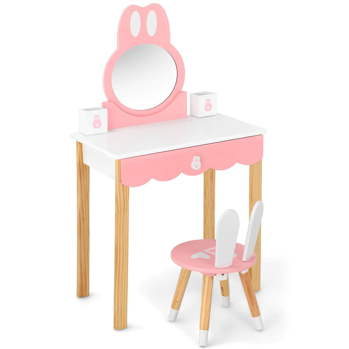 Kids Vanity Set Rabbit Makeup Dressing Table Chair Set with Mirror and Drawer-White-Kids Vanities-DECOROLALA