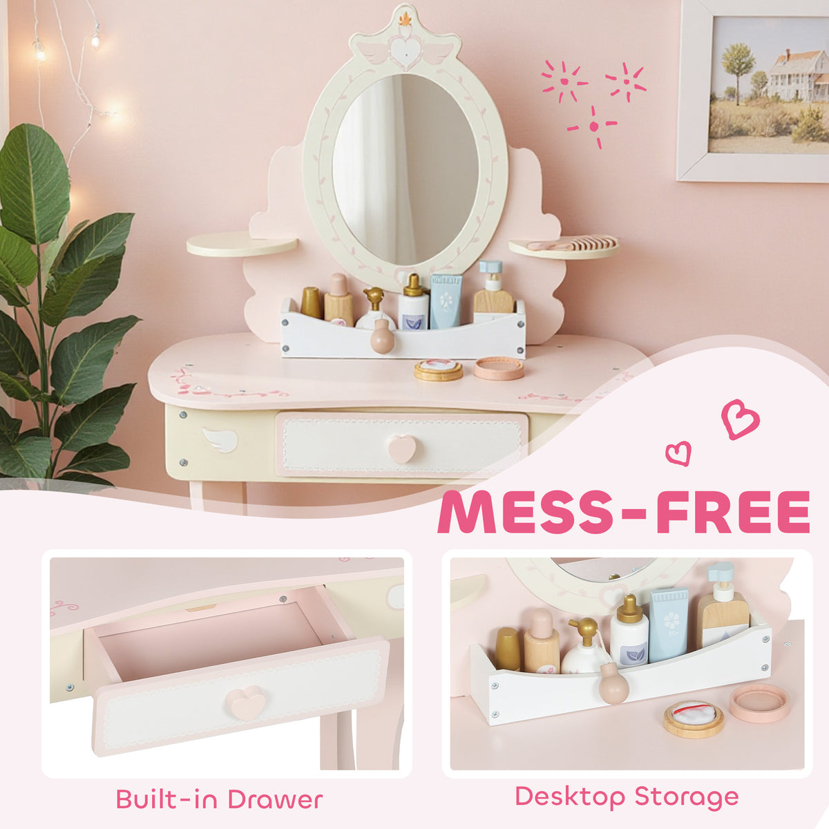 Aosom Kids Vanity Set and Dressing Table with Stool - Pink-Toys & Games > Baby & Toddler Toys > Toy Playsets > Toy Vanity-DECOROLALA