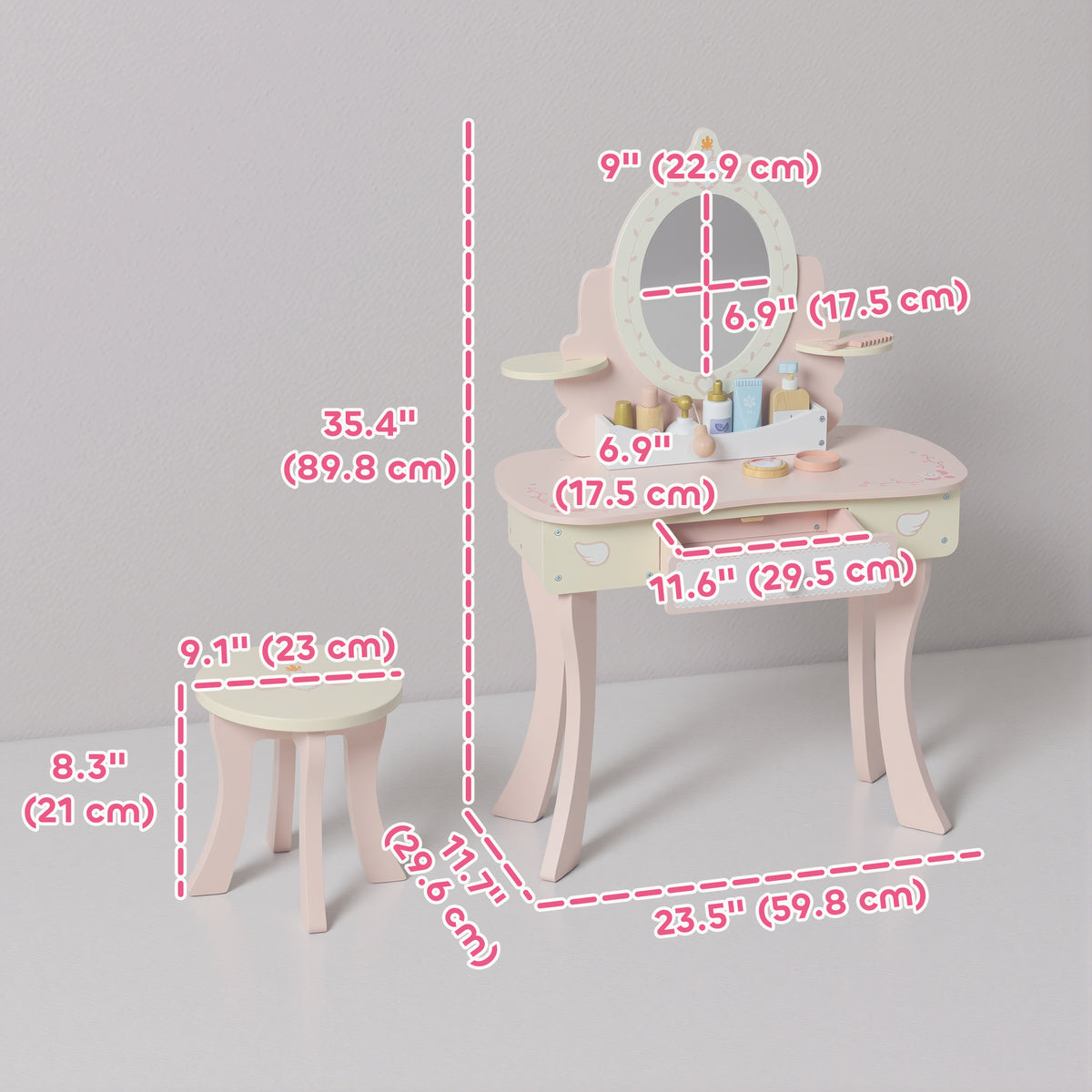 Aosom Kids Vanity Set and Dressing Table with Stool - Pink-Toys & Games > Baby & Toddler Toys > Toy Playsets > Toy Vanity-DECOROLALA