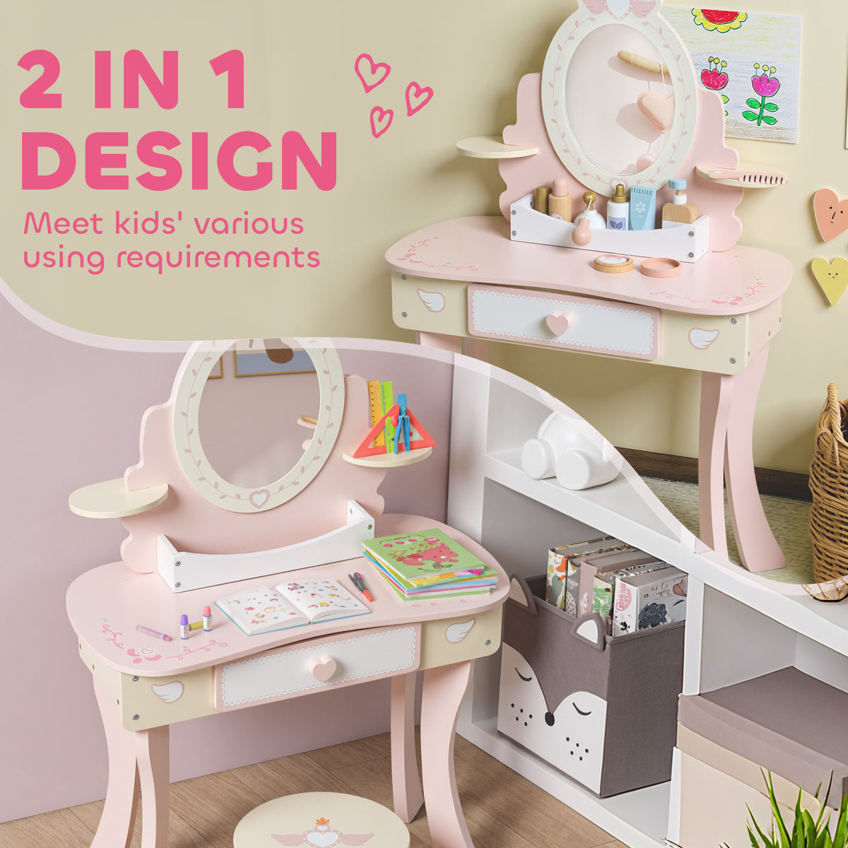 Aosom Kids Vanity Set and Dressing Table with Stool - Pink-Toys & Games > Baby & Toddler Toys > Toy Playsets > Toy Vanity-DECOROLALA