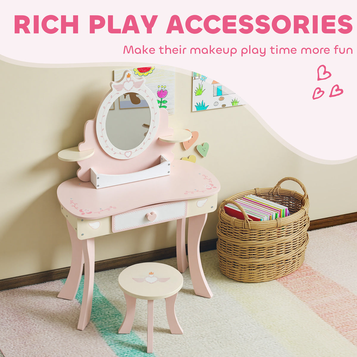 Aosom Kids Vanity Set and Dressing Table with Stool - Pink-Toys & Games > Baby & Toddler Toys > Toy Playsets > Toy Vanity-DECOROLALA