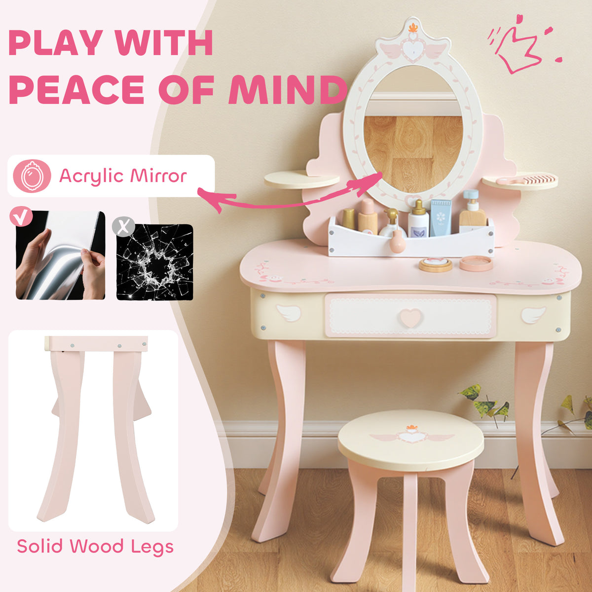 Aosom Kids Vanity Set and Dressing Table with Stool - Pink-Toys & Games > Baby & Toddler Toys > Toy Playsets > Toy Vanity-DECOROLALA