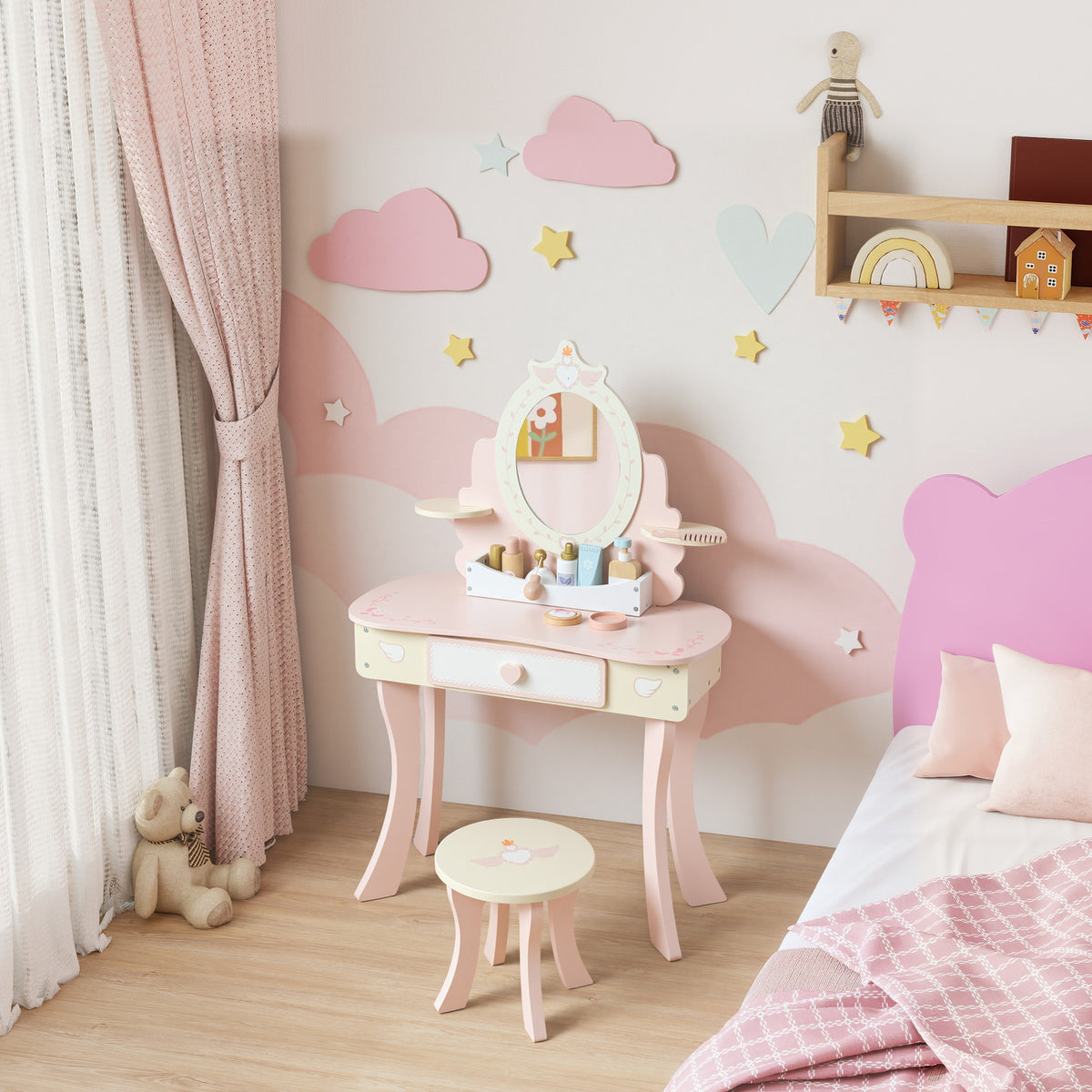 Aosom Kids Vanity Set and Dressing Table with Stool - Pink-Toys & Games > Baby & Toddler Toys > Toy Playsets > Toy Vanity-DECOROLALA