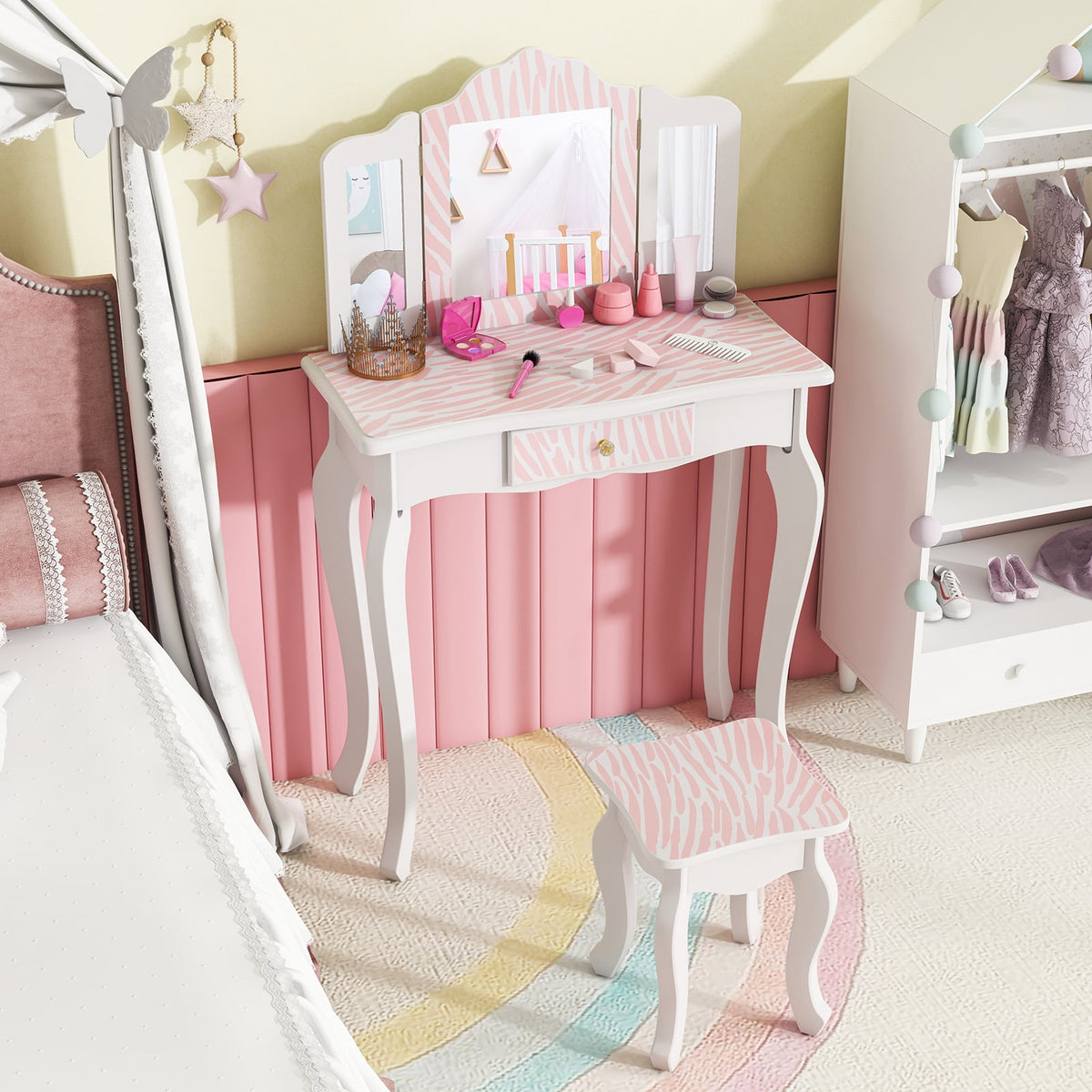 Kids Vanity Set with Drawer and 3 Makeup Accessories-Pink-Kids Vanities-DECOROLALA