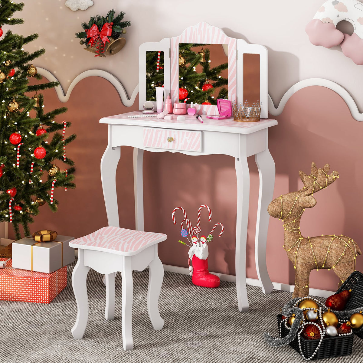 Kids Vanity Set with Drawer and 3 Makeup Accessories-Pink-Kids Vanities-DECOROLALA