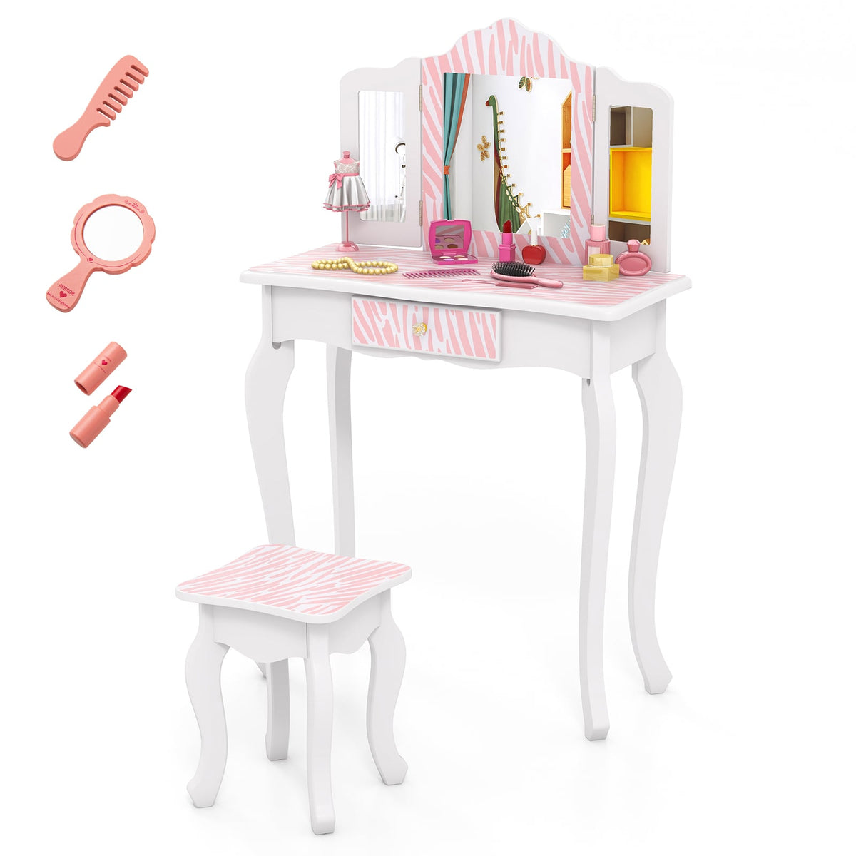Kids Vanity Set with Drawer and 3 Makeup Accessories-Pink-Kids Vanities-DECOROLALA
