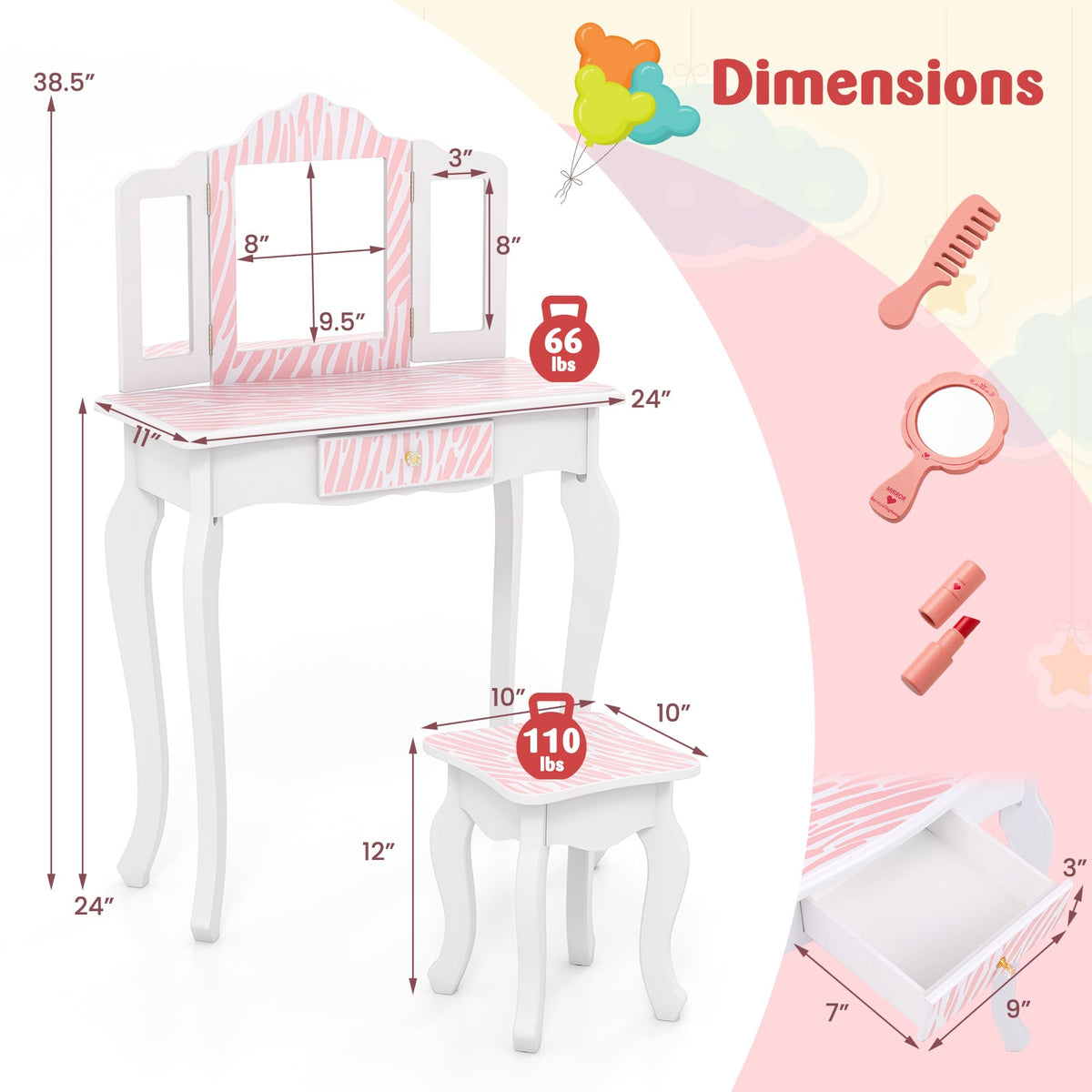 Kids Vanity Set with Drawer and 3 Makeup Accessories-Pink-Kids Vanities-DECOROLALA