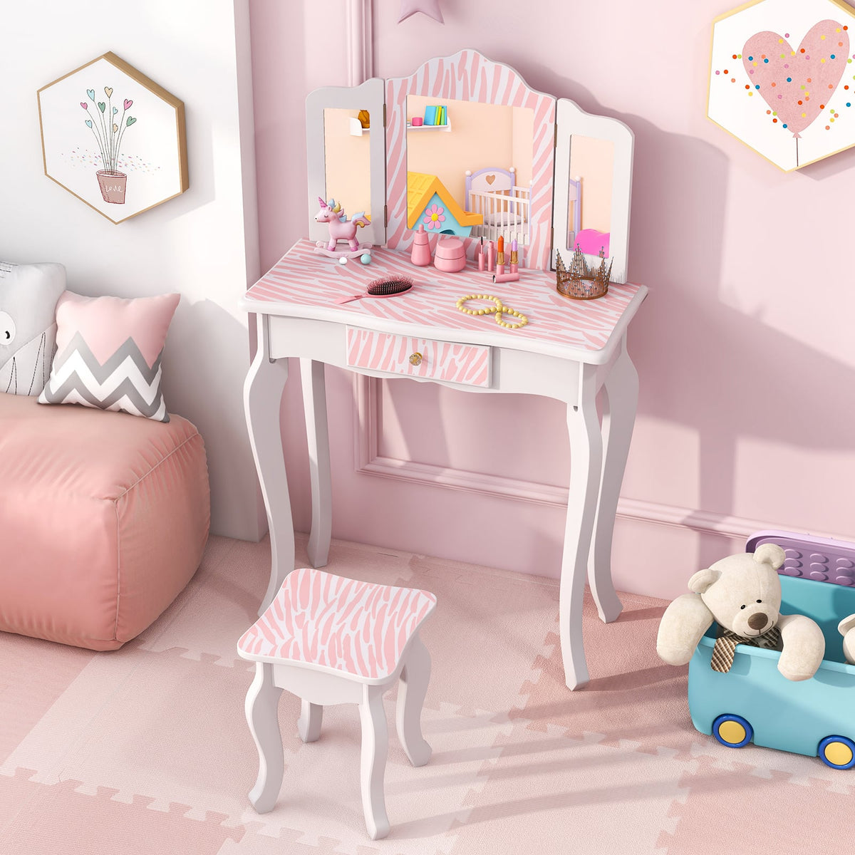 Kids Vanity Set with Drawer and 3 Makeup Accessories-Pink-Kids Vanities-DECOROLALA