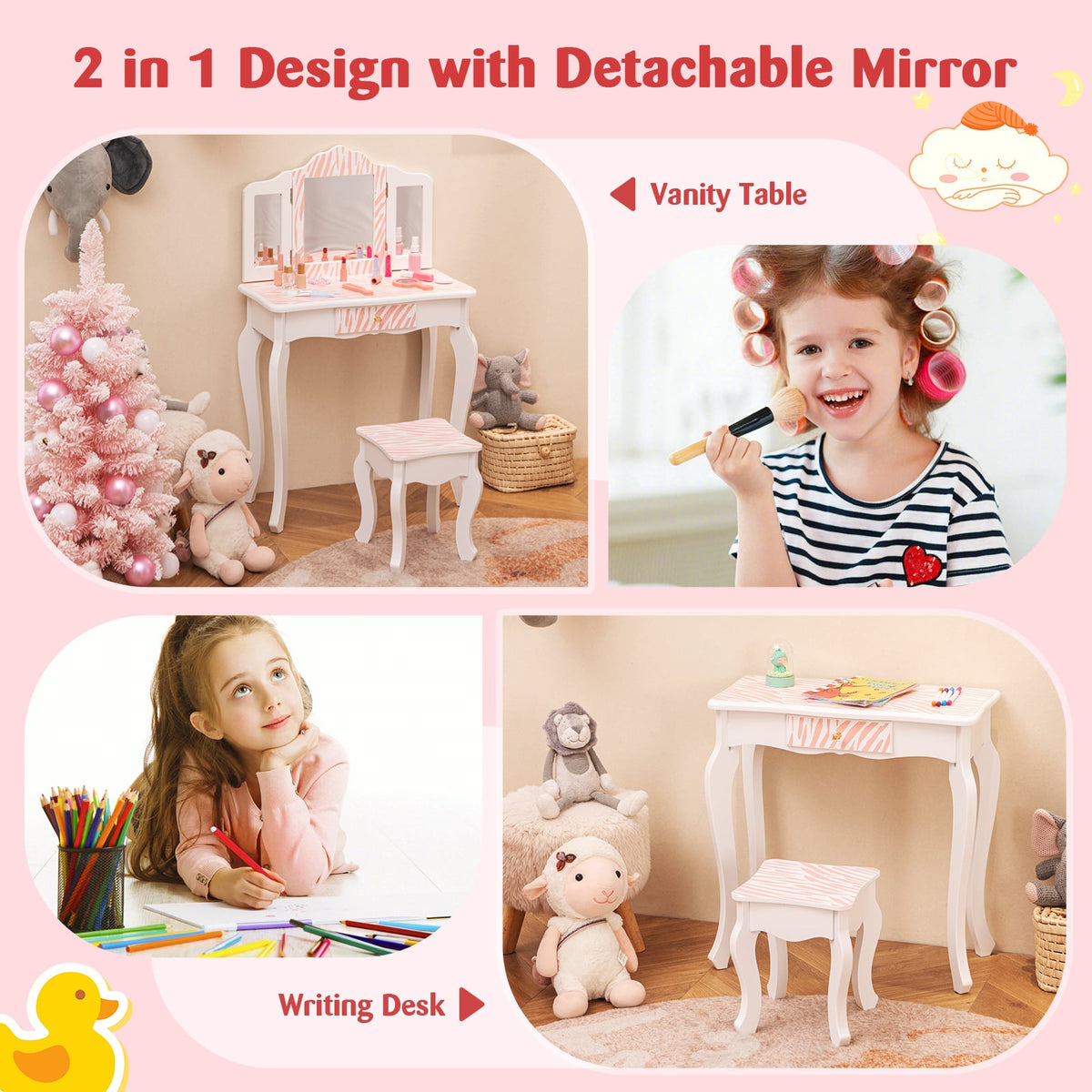 Kids Vanity Set with Drawer and 3 Makeup Accessories-Pink-Kids Vanities-DECOROLALA