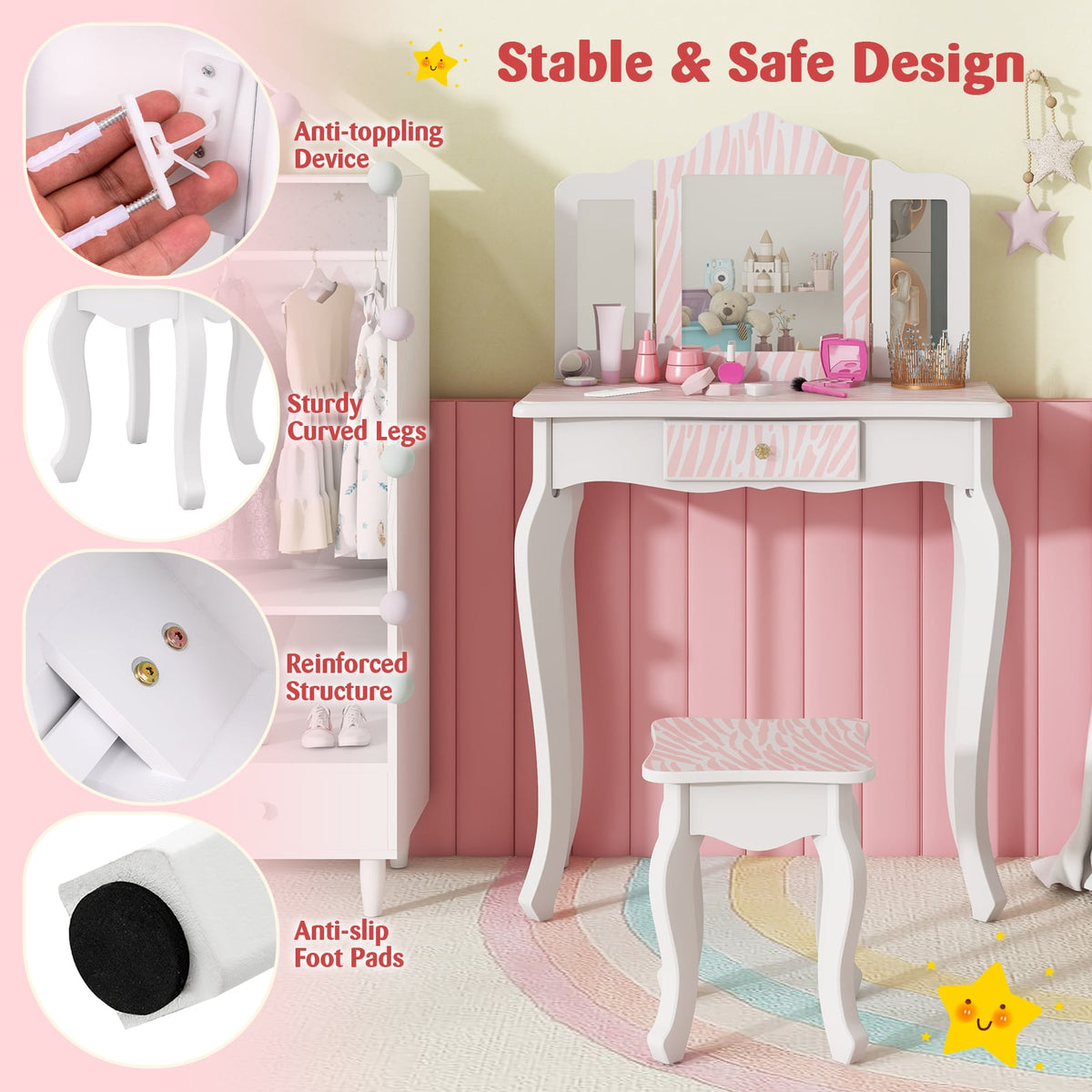 Kids Vanity Set with Drawer and 3 Makeup Accessories-Pink-Kids Vanities-DECOROLALA