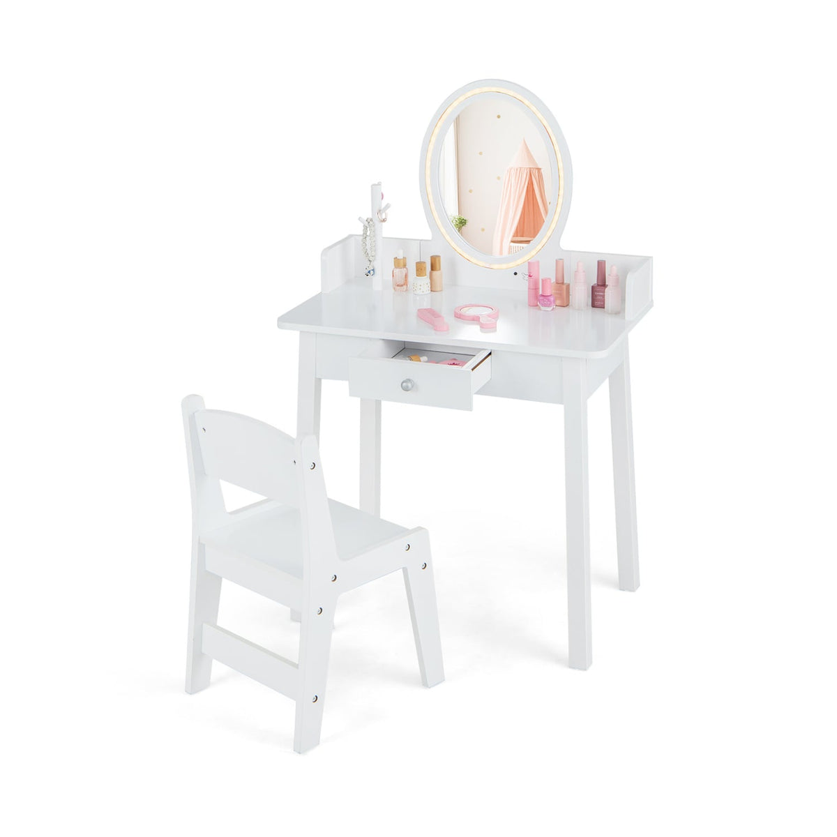 Kids Vanity Set with LED Lighted Mirror and Chair - White-Kids Makeup Vanities-DECOROLALA