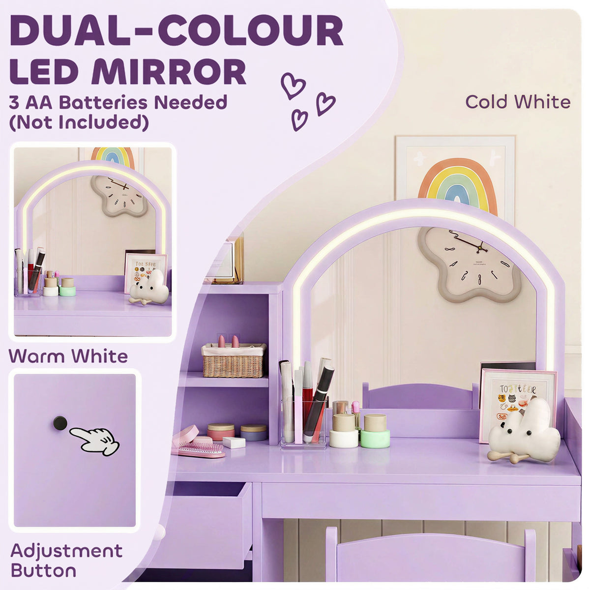 Kids Vanity Set with Lighted LED Mirror, Table and Chair-Toys & Games > Toddler & Kids Furniture > Kids Bedroom Furniture-DECOROLALA