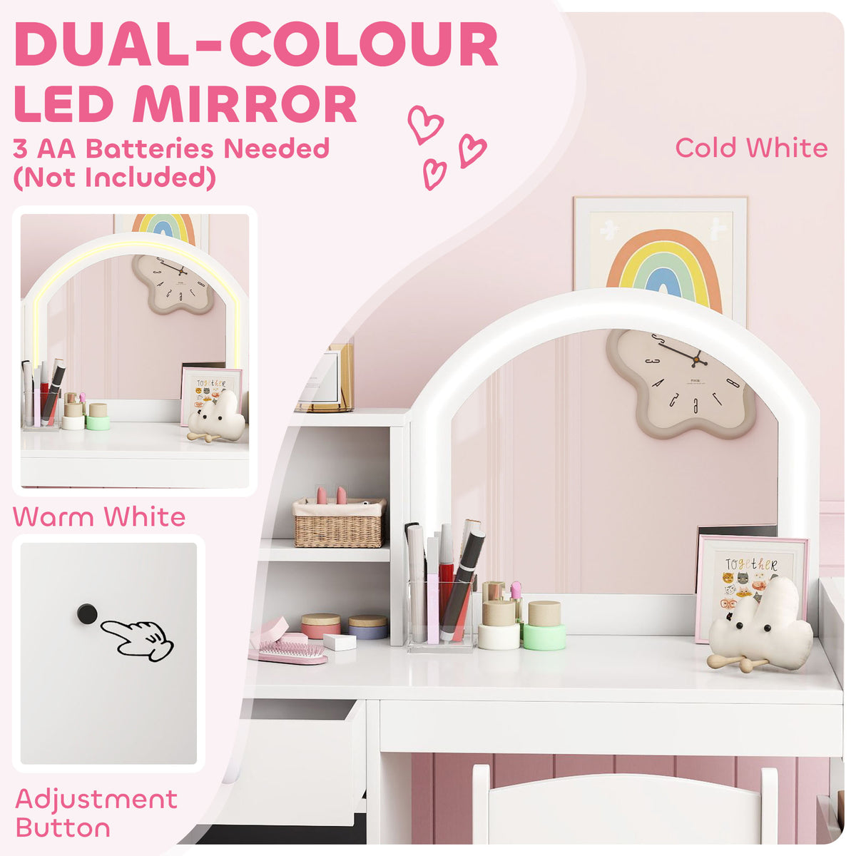 Kids Vanity Set with Lighted LED Mirror, Table and Chair-Toys & Games > Toddler & Kids Furniture > Kids Bedroom Furniture-DECOROLALA