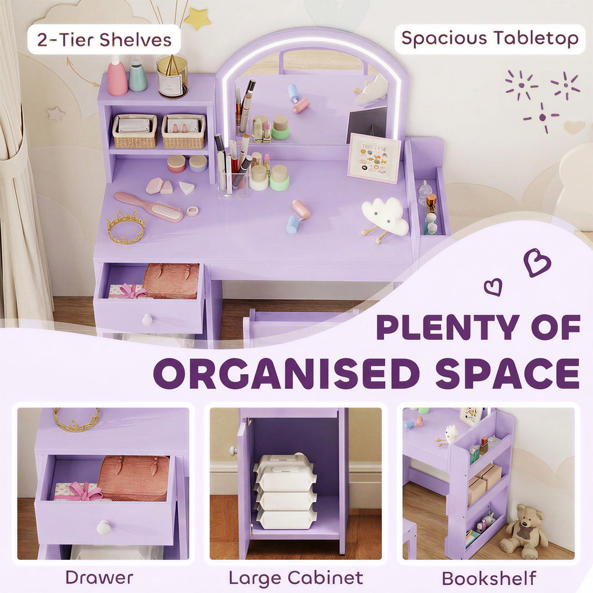 Kids Vanity Set with Lighted LED Mirror, Table and Chair-Toys & Games > Toddler & Kids Furniture > Kids Bedroom Furniture-DECOROLALA