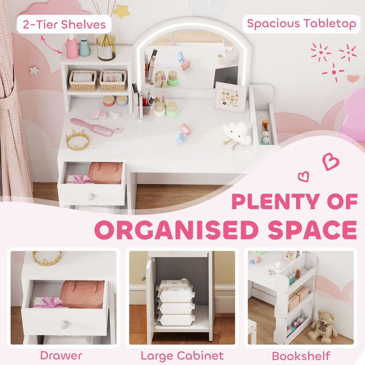 Kids Vanity Set with Lighted LED Mirror, Table and Chair-Toys & Games > Toddler & Kids Furniture > Kids Bedroom Furniture-DECOROLALA