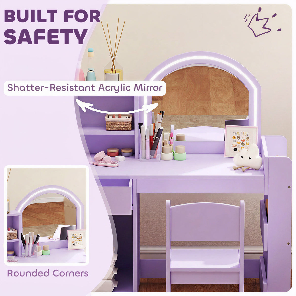 Kids Vanity Set with Lighted LED Mirror, Table and Chair-Toys & Games > Toddler & Kids Furniture > Kids Bedroom Furniture-DECOROLALA