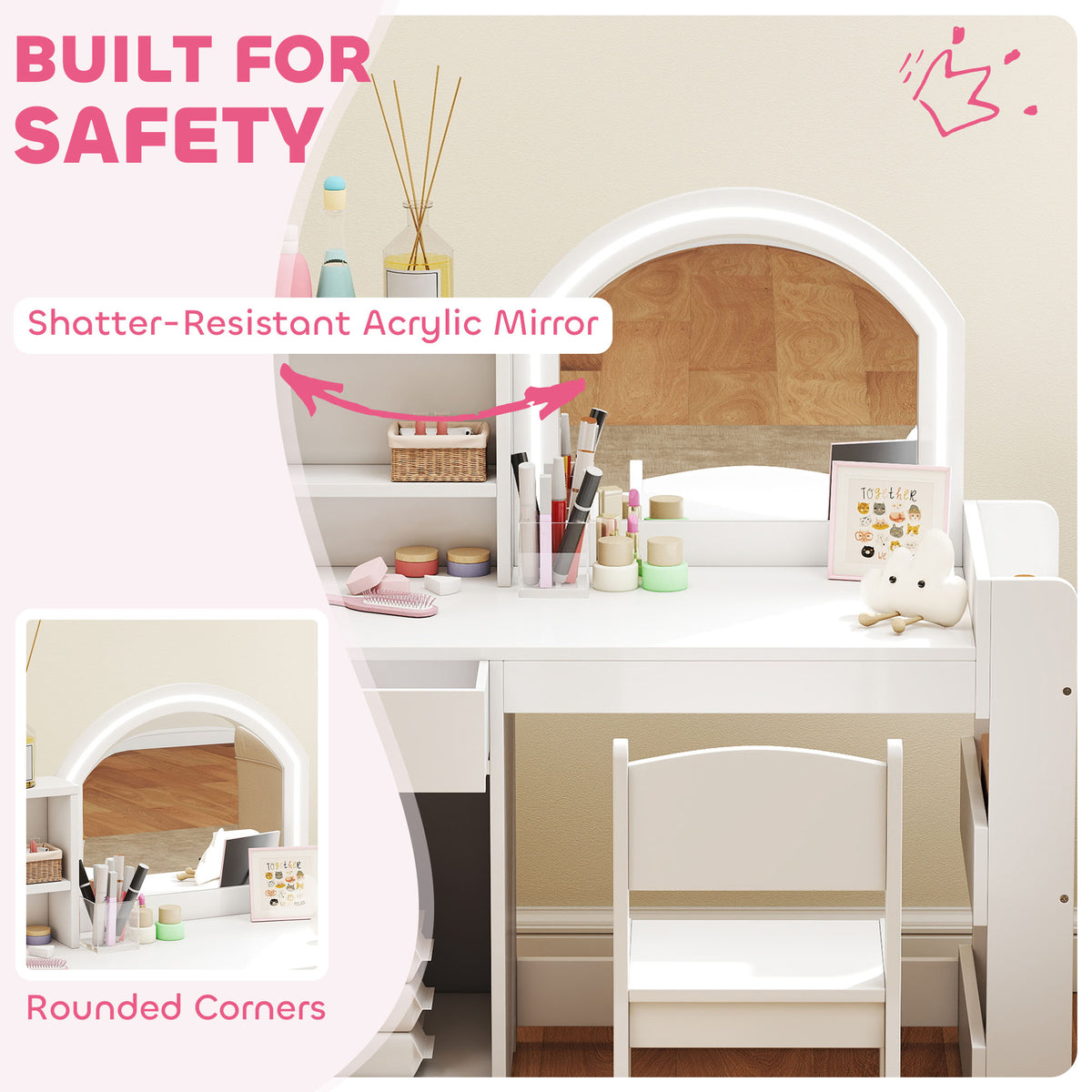 Kids Vanity Set with Lighted LED Mirror, Table and Chair-Toys & Games > Toddler & Kids Furniture > Kids Bedroom Furniture-DECOROLALA