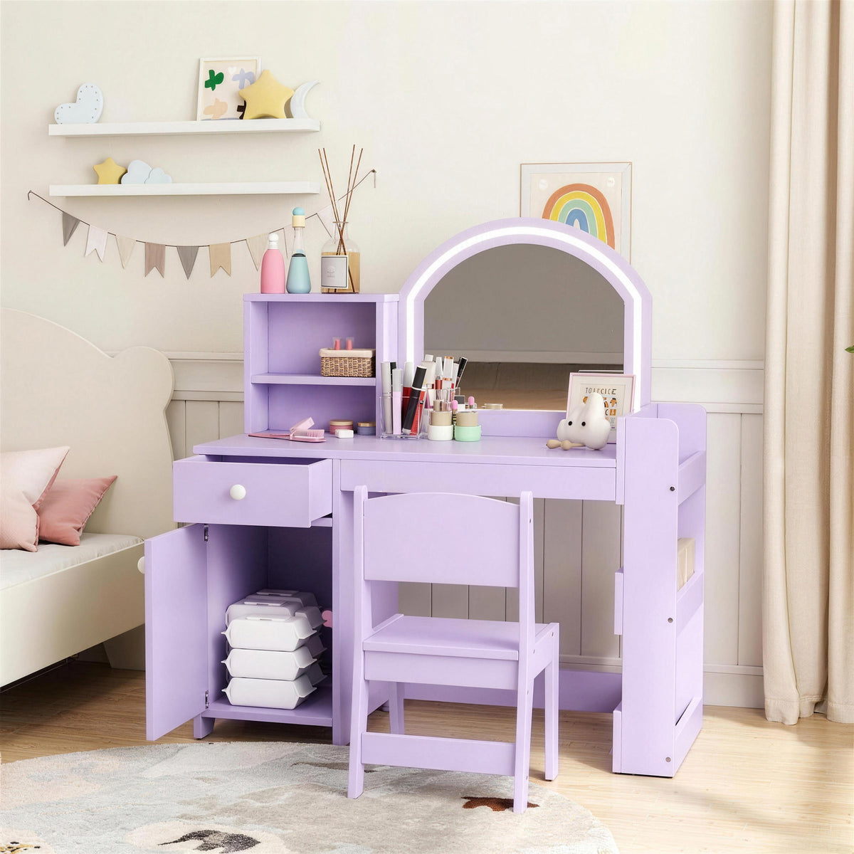 Kids Vanity Set with Lighted LED Mirror, Table and Chair-Toys & Games > Toddler & Kids Furniture > Kids Bedroom Furniture-DECOROLALA