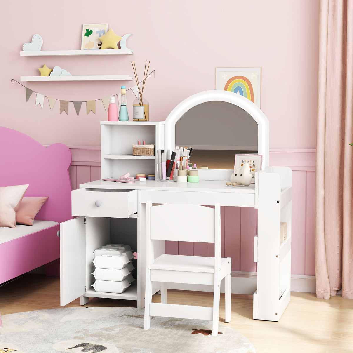 Kids Vanity Set with Lighted LED Mirror, Table and Chair-Toys & Games > Toddler & Kids Furniture > Kids Bedroom Furniture-DECOROLALA