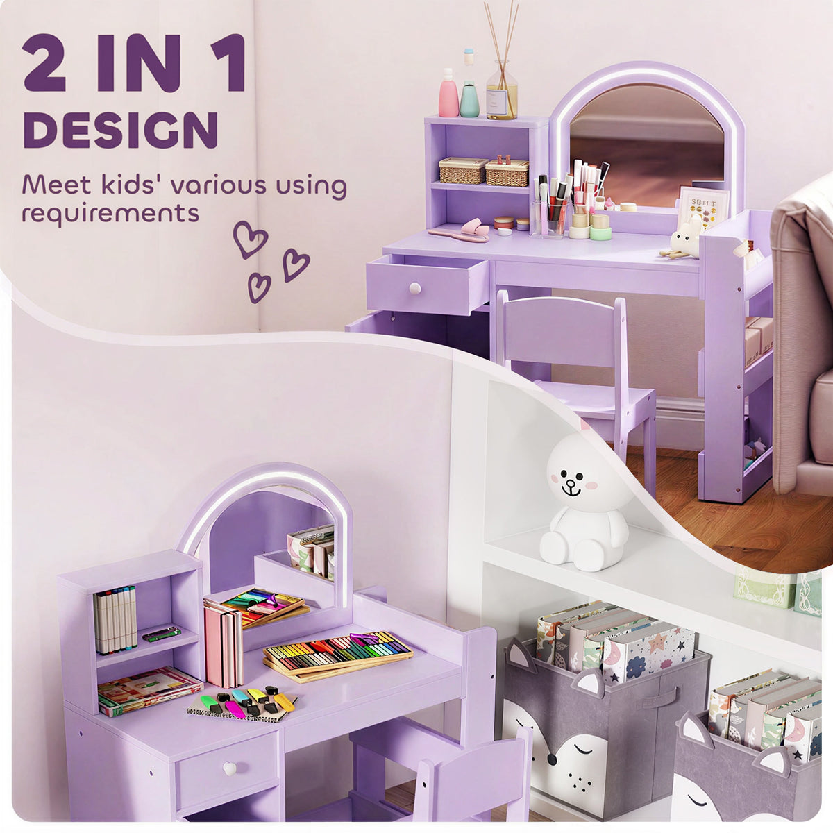 Kids Vanity Set with Lighted LED Mirror, Table and Chair-Toys & Games > Toddler & Kids Furniture > Kids Bedroom Furniture-DECOROLALA