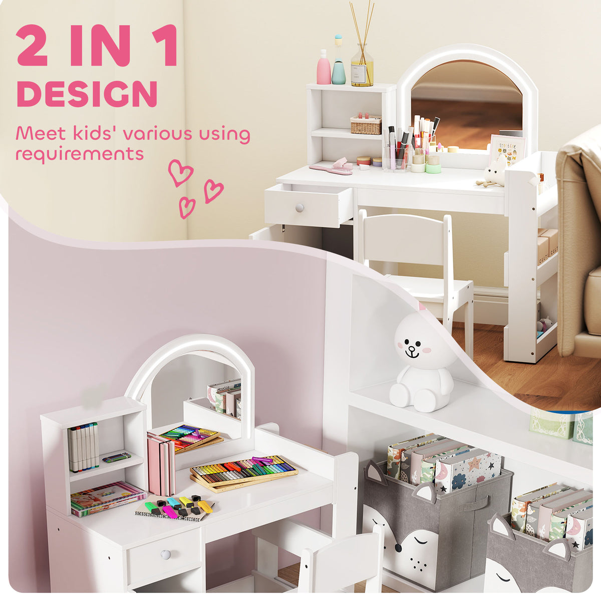 Kids Vanity Set with Lighted LED Mirror, Table and Chair-Toys & Games > Toddler & Kids Furniture > Kids Bedroom Furniture-DECOROLALA