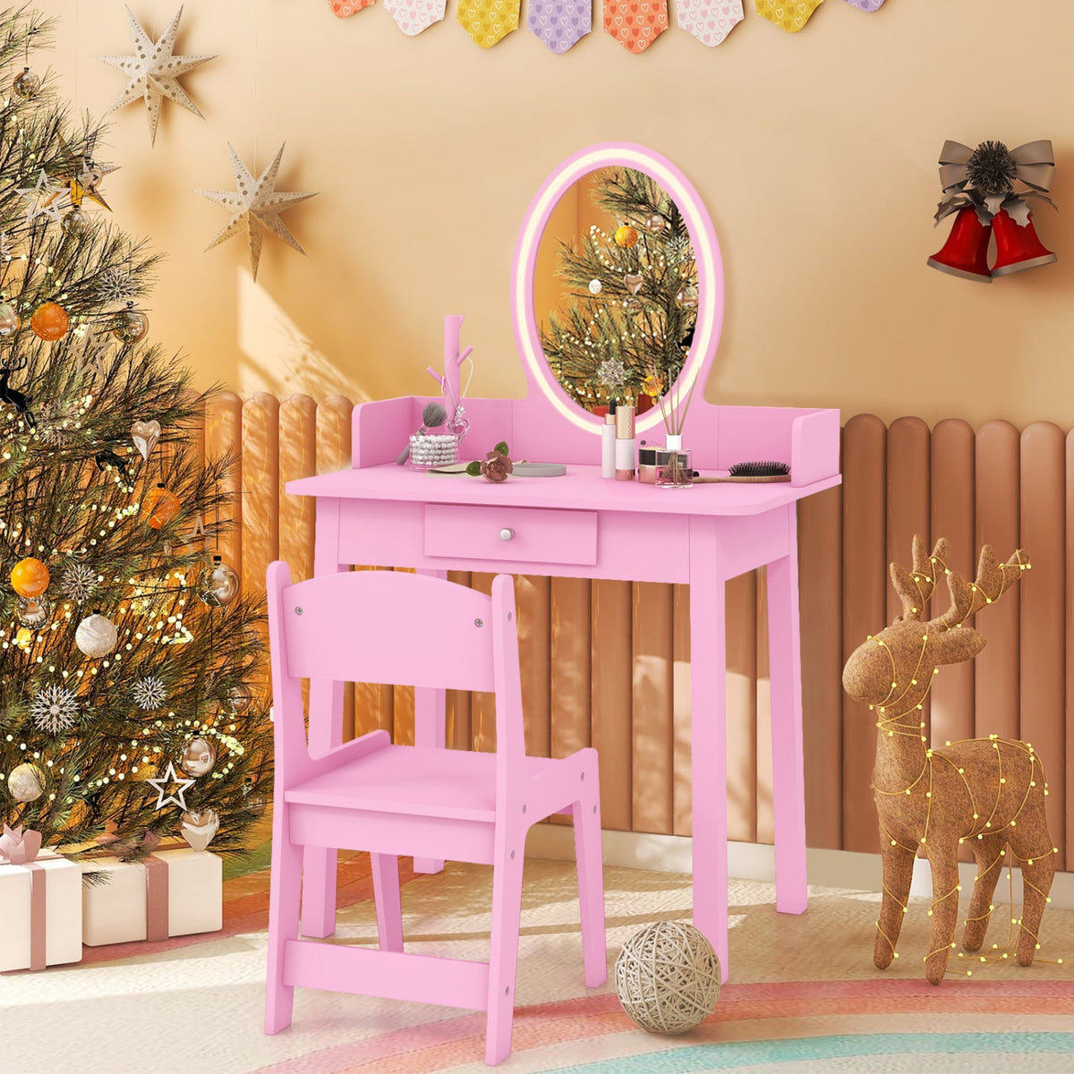 Kids Vanity Set with Lighted Mirror-Pink-Kids Vanities-DECOROLALA