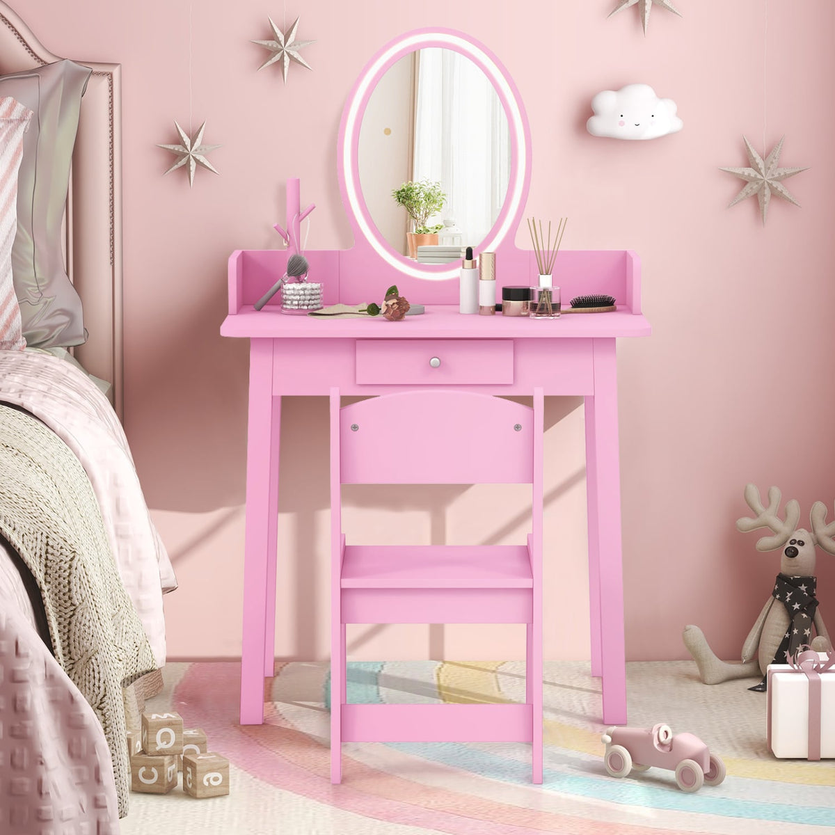 Kids Vanity Set with Lighted Mirror-Pink-Kids Vanities-DECOROLALA