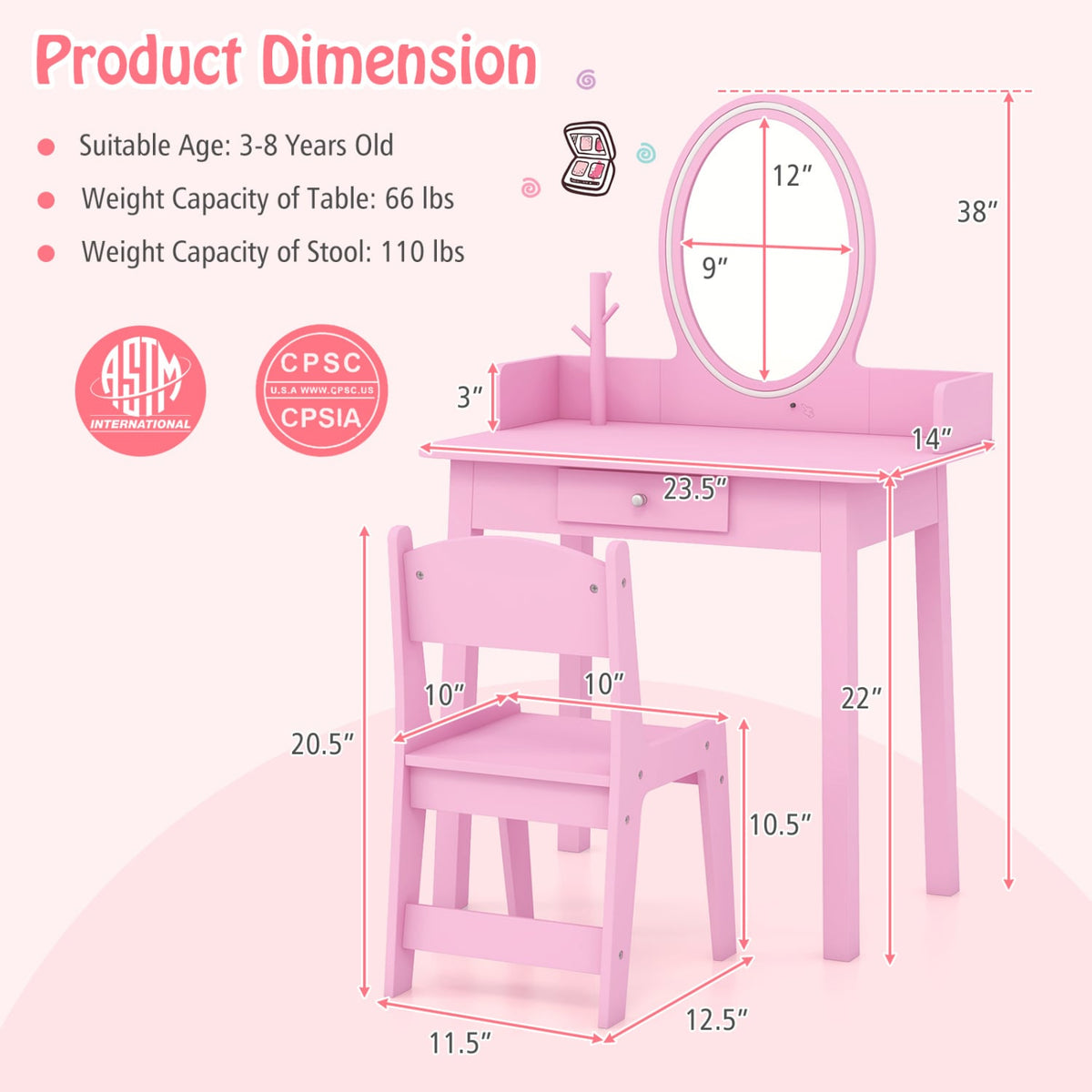 Kids Vanity Set with Lighted Mirror-Pink-Kids Vanities-DECOROLALA