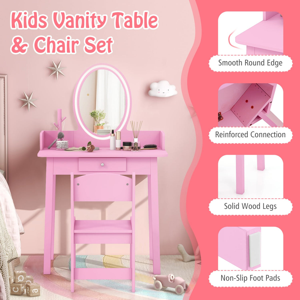 Kids Vanity Set with Lighted Mirror-Pink-Kids Vanities-DECOROLALA