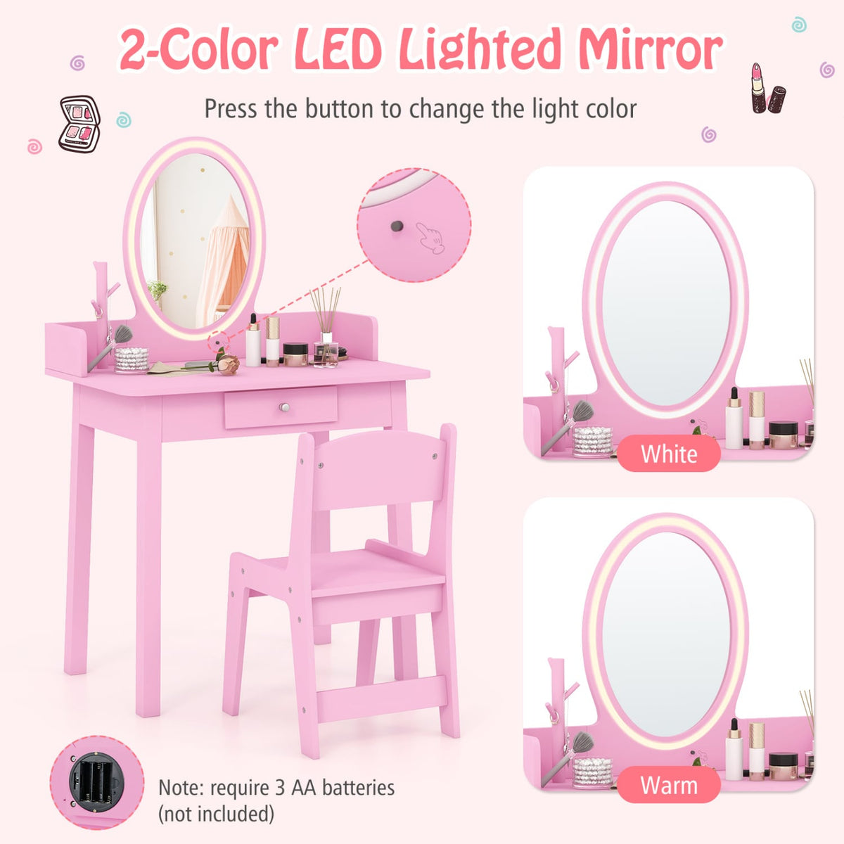 Kids Vanity Set with Lighted Mirror-Pink-Kids Vanities-DECOROLALA