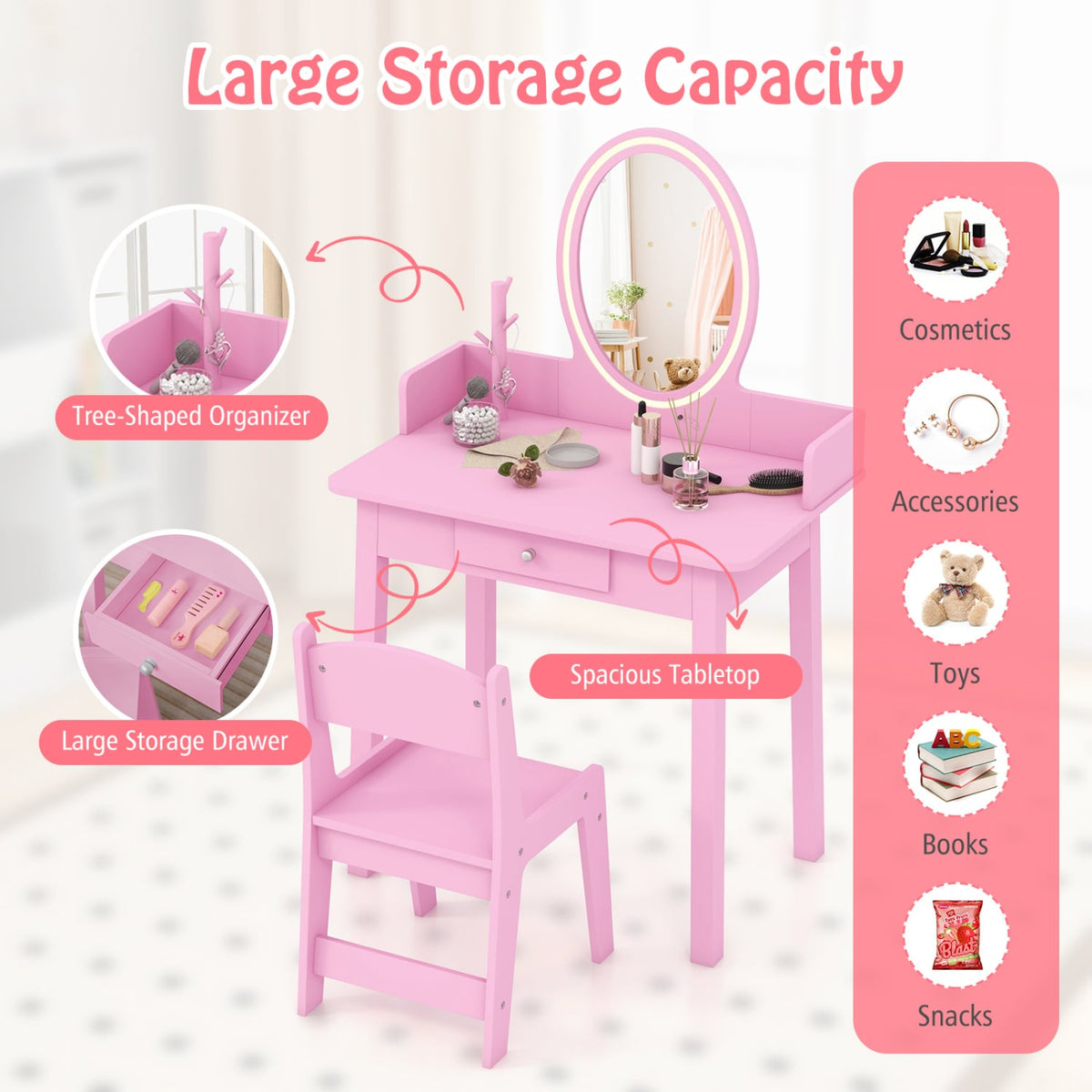 Kids Vanity Set with Lighted Mirror-Pink-Kids Vanities-DECOROLALA