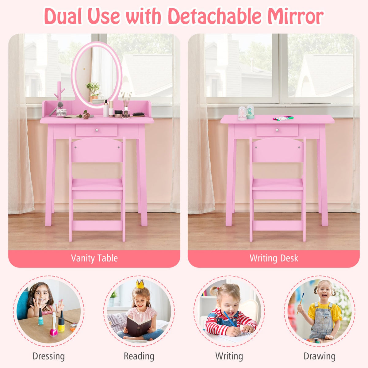 Kids Vanity Set with Lighted Mirror-Pink-Kids Vanities-DECOROLALA