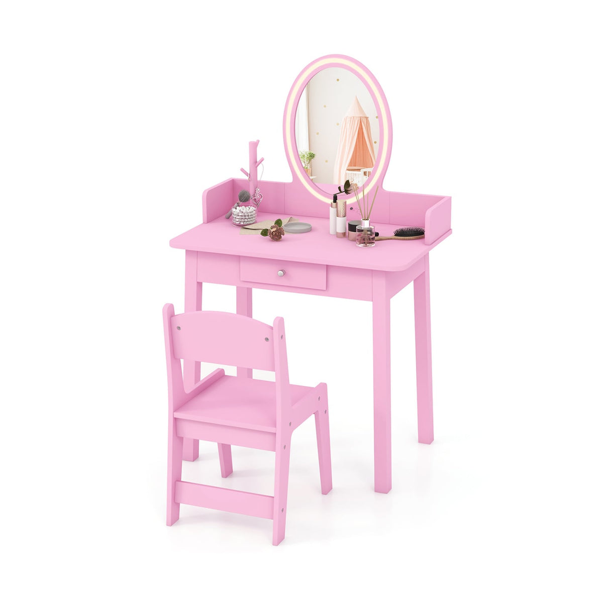 Kids Vanity Set with Lighted Mirror-Pink-Kids Vanities-DECOROLALA