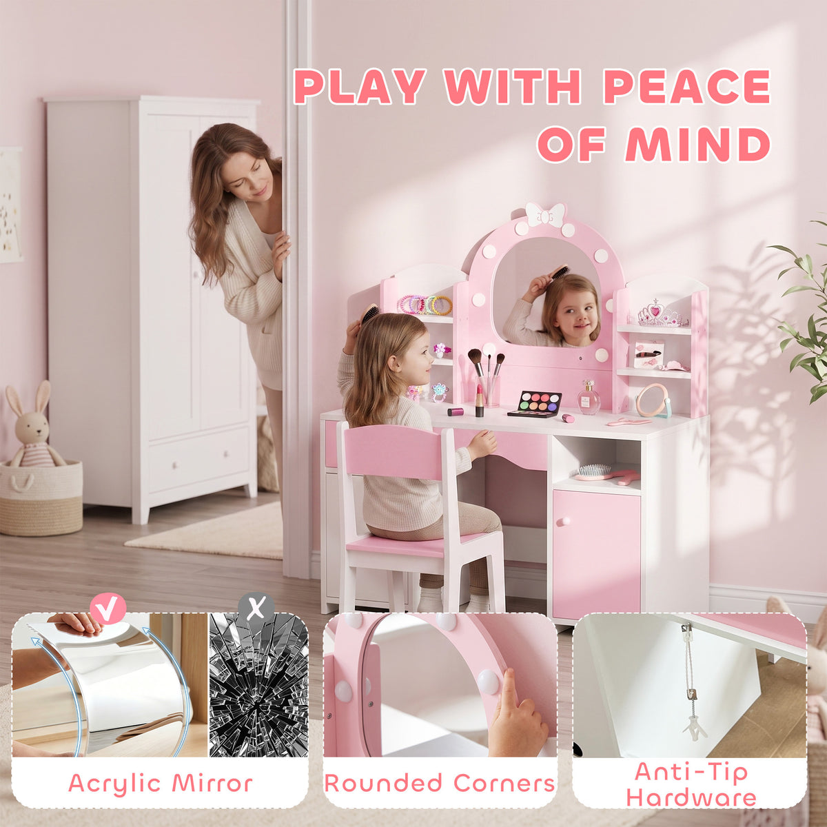 Aosom Kids Vanity Set with Lighted Mirror, Table and Stool - Pink-Toys & Games > Toddler & Kids Furniture > Kids Bedroom Furniture-DECOROLALA