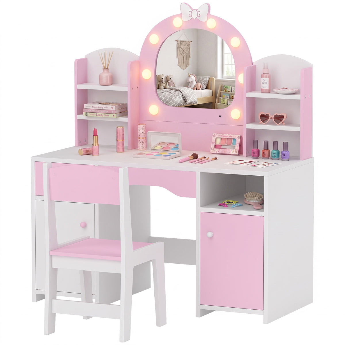 Aosom Kids Vanity Set with Lighted Mirror, Table and Stool - Pink-Toys & Games > Toddler & Kids Furniture > Kids Bedroom Furniture-DECOROLALA