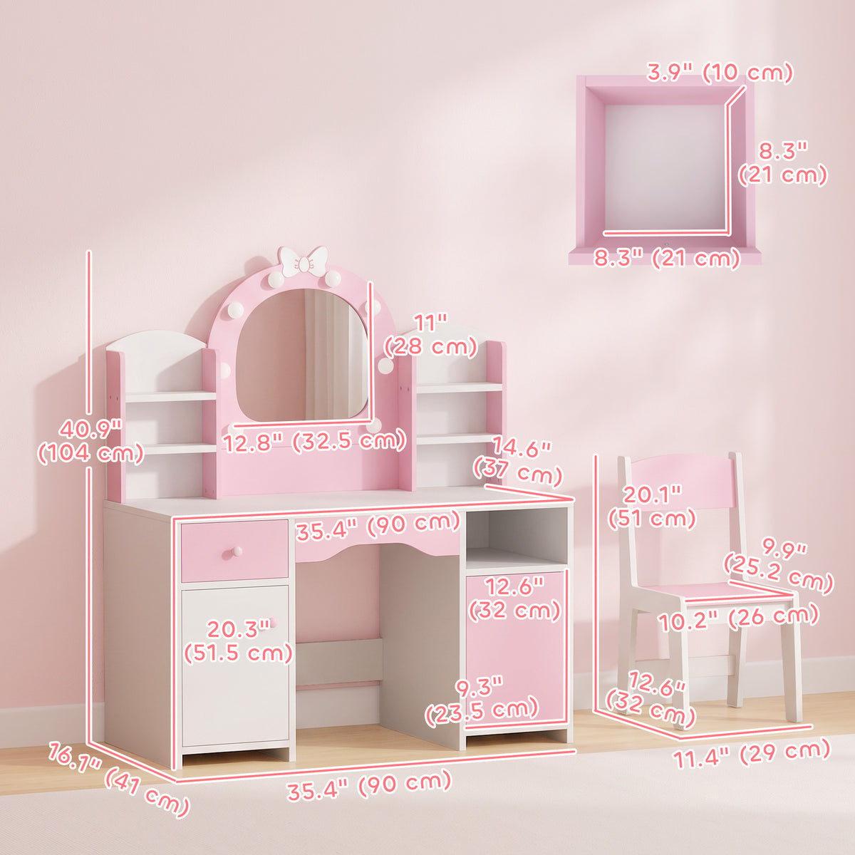 Kids Vanity Set with Lighted Mirror, Table and Stool - Pink-Toys & Games > Toddler & Kids Furniture > Kids Bedroom Furniture-DECOROLALA