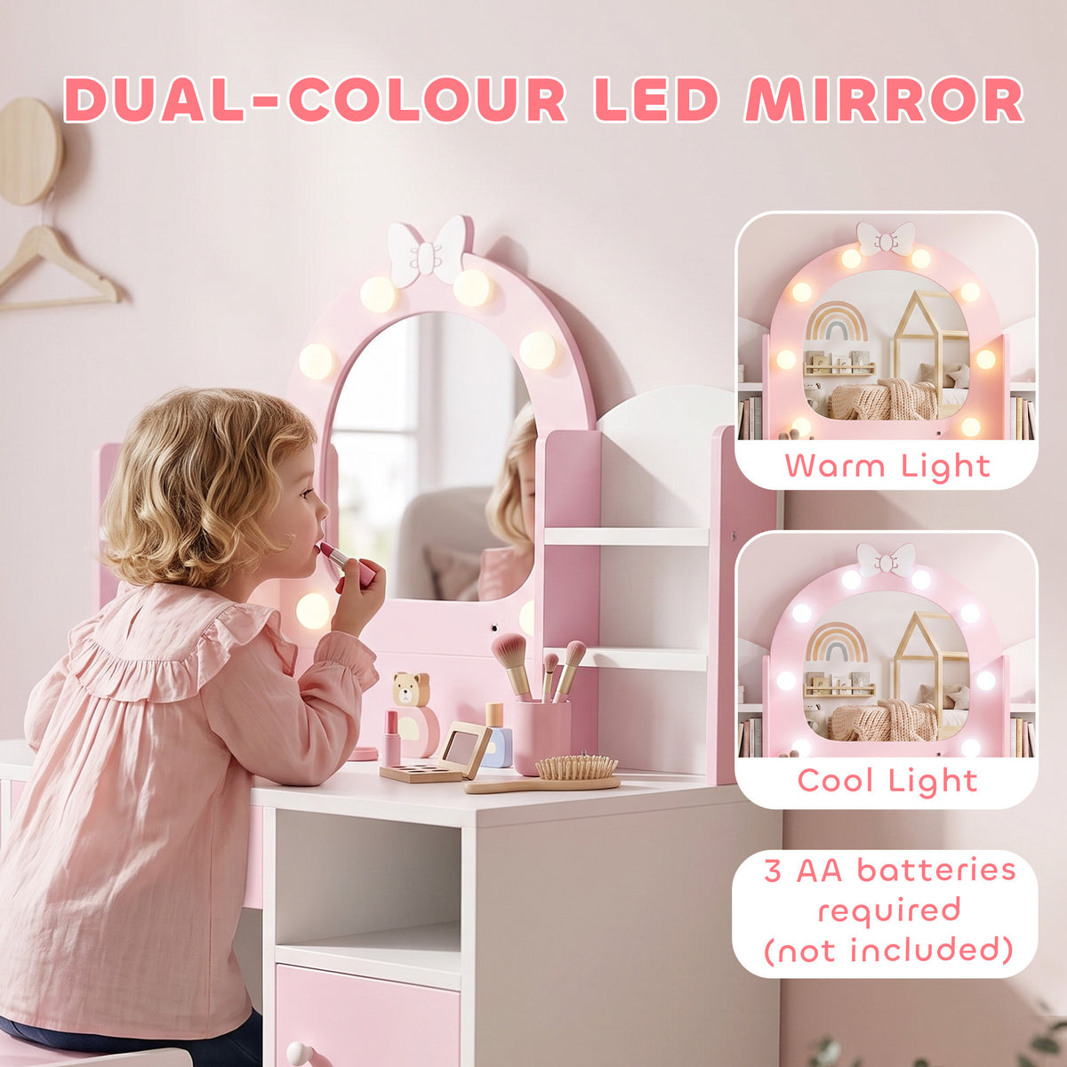 Kids Vanity Set with Lighted Mirror, Table and Stool - Pink-Toys & Games > Toddler & Kids Furniture > Kids Bedroom Furniture-DECOROLALA